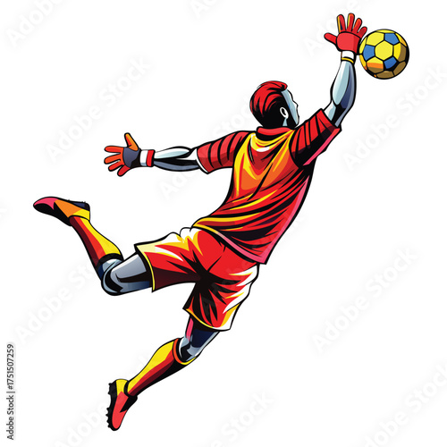 Goalkeeper silhouette jumping in air saving goal during intense football match Vector Illustration