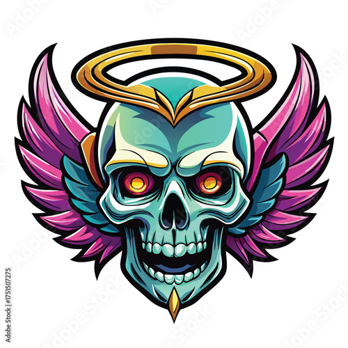 Glossy skull with angel wings and gothic elements for tattoo and rock art Vector Illustration