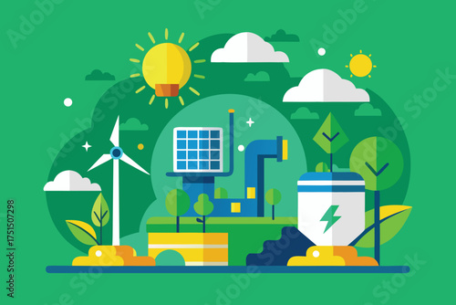 Green energy ecology concept with wind turbines solar panels and clean environment Vector Illustration