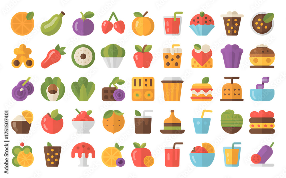 Fototapeta premium Vibrant assortment of cartoonish food and drink icons for digital design projects isolated on transparent background