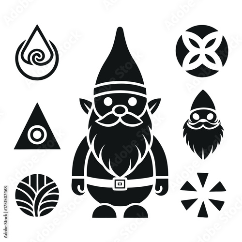 Whimsical gnome silhouette surrounded by mystical elemental symbols and ornaments
