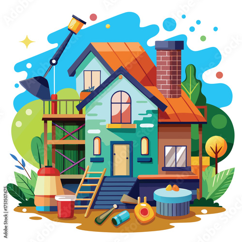 House renovation and painting concept with roller brush and color palette Vector Illustration