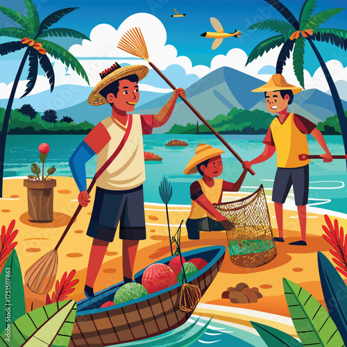 Indonesian fishermen casting nets on sea during sunrise fishing scene Vector Illustration