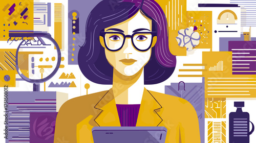 Businesswoman with glasses and tablet surrounded by data charts and diagrams