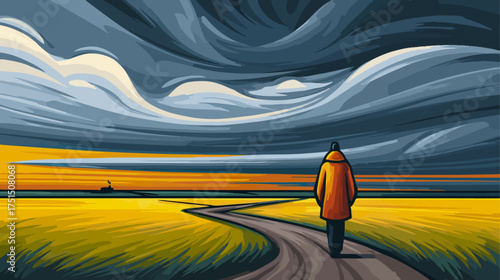 Person walking on a path towards the horizon under a stormy sky