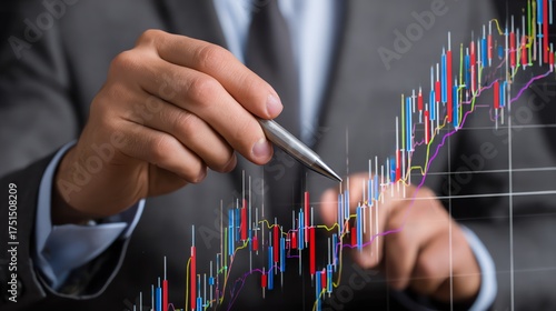 A businessman analyzing financial data on a digital graph, demonstrating investment growth and market trends. The image captures strategy and professional insight in finance.