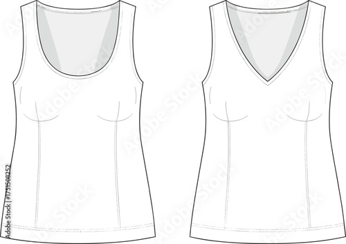 Cad drawing flat vector illustration, women sleeveless tank top fashion technical sketch, round and v-neck front view apparel design