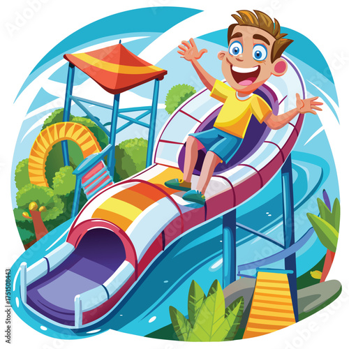 Man enjoying water slide in aqua park during summer fun Vector Illustration