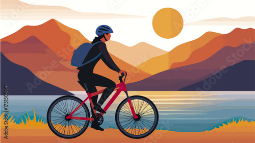 Cyclist on bicycle with landscape background