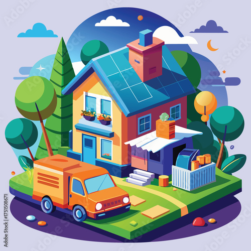 Moving home concept with boxes truck and family relocation Vector Illustration