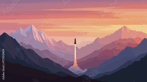 Rocket launching over mountain landscape at sunset concept