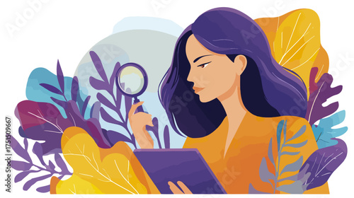 Woman with magnifying glass and tablet with leafy background