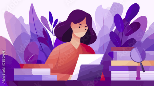 Woman working at desk with books and magnifying glass