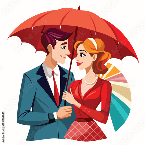 Romantic couple under umbrella, rainy love moment illustration, emotional vector design