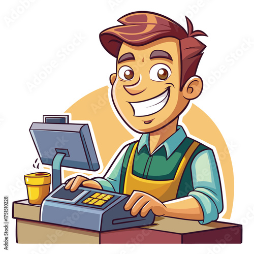 Smiling man using cash register, shop cashier working vector illustration