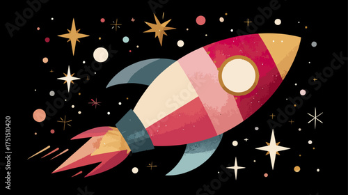 Cartoon rocket ship in space with stars illustration for science education and travel