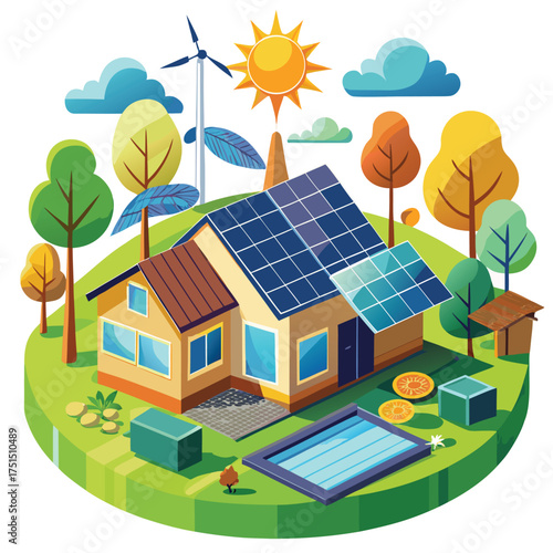 Solar energy home concept, renewable living eco house vector artwork