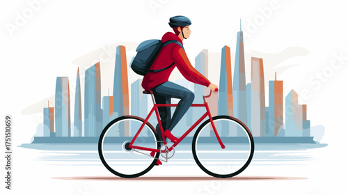 Person riding bicycle with city skyline background vector illustration