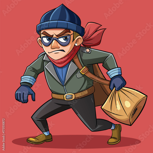 Thief with bag running silhouette, burglary crime concept vector illustration