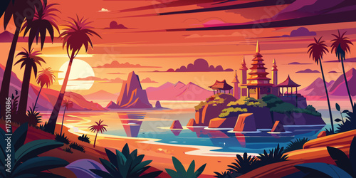 Stunning illustration tranquil beach, peaceful tropical landscape vector artwork