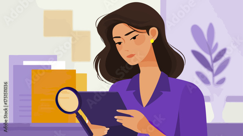 Woman examining documents with magnifying glass illustration