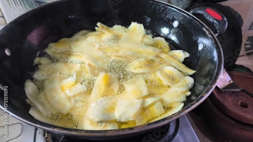 snack, frying banana chips in boiling oil