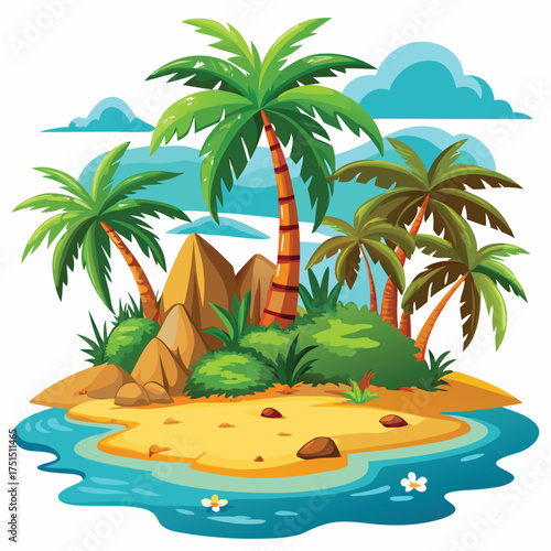 Tropical Island With Palm Trees Sand And Water Vector Illustration Of Exotic Nature