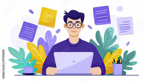 Man working on laptop surrounded by papers and plants vector illustration