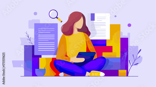 Woman with tablet and documents digital illustration