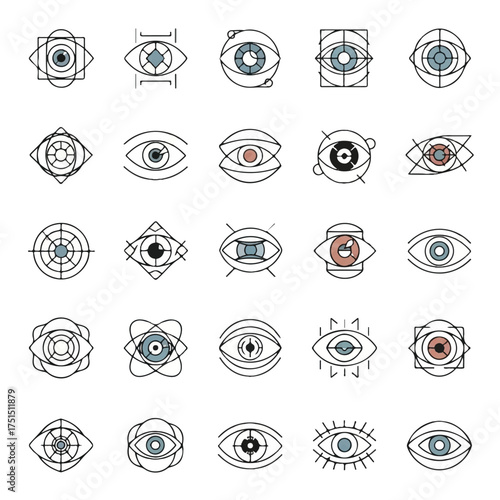 Collection of abstract eye symbols arranged in a grid, representing vision and perception in a minimalist, modern style.