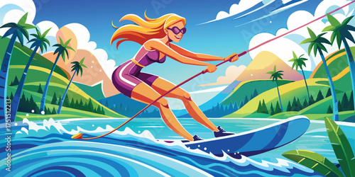 Woman Waterskiing Summer Fun Vector Illustration Of Outdoor Sport Adventure