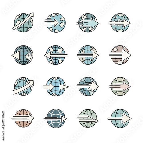 Globes with arrows representing international business flow and global connectivity in a clean and modern style, ideal for business or technologyrelated content.