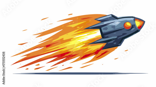Cartoon rocket ship flying with flame trail on white background