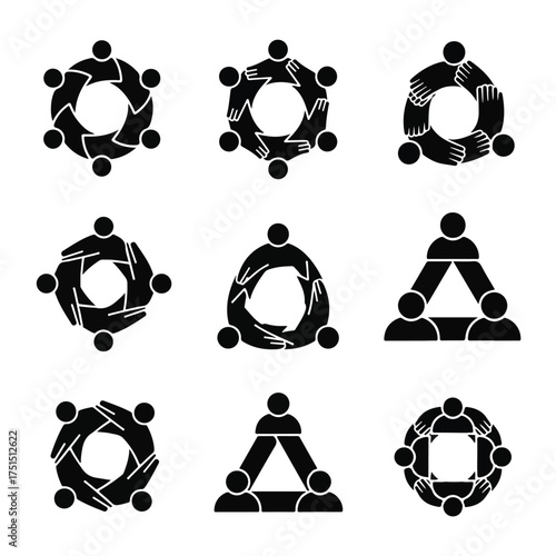 Diverse group of people joining hands in unity, forming various geometric shapes to represent teamwork, collaboration, and community, fostering positive and inclusive atmosphere.