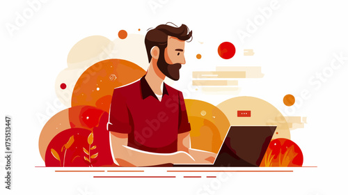 Man using laptop computer in flat illustration style technology concept