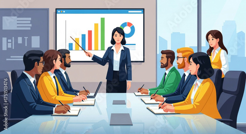 Business meeting with presentation of data analysis and growth chart teamwork and collaboration in corporate environment for strategic planning and success