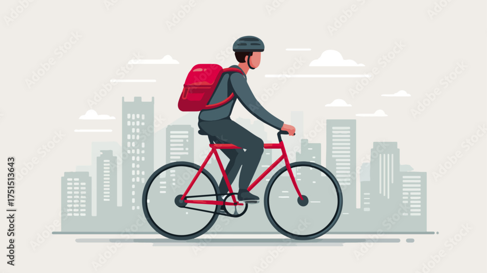Fototapeta premium Cyclist riding bicycle with delivery backpack city background