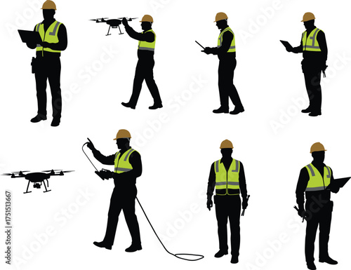 Construction workers, drone operation, safety gear, inspection silhouettes, industrial technology, modern workplace, teamwork, innovation, engineering, maintenance, professional fieldwork,