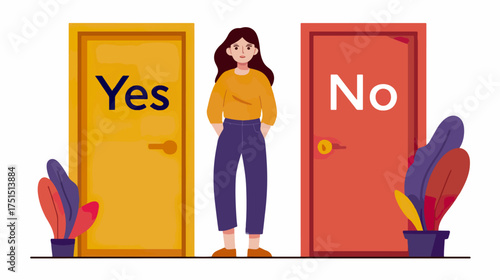 Woman standing between two doors decision concept illustration