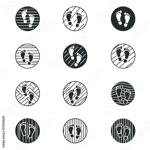 Footprints displayed in various circular frames representing different textures and patterns, creating a playful and diverse collection of footstep imagery.