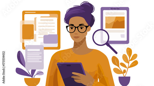 Woman with glasses holding tablet and magnifying glass examining documents