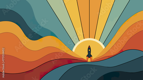 Retro rocket launching into sunset abstract illustration