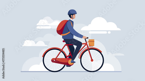Person cycling on bicycle with bag and helmet illustration