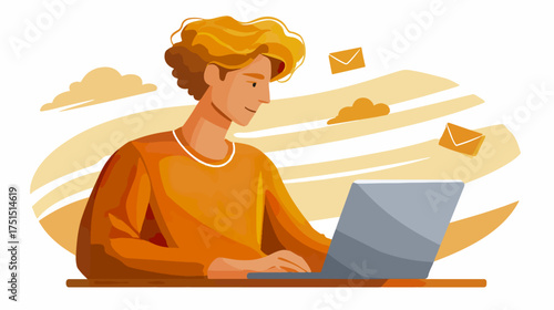 Man working on laptop computer sending emails cartoon illustration
