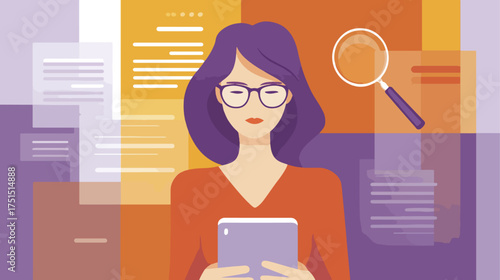 Woman using tablet and magnifying glass research concept illustration