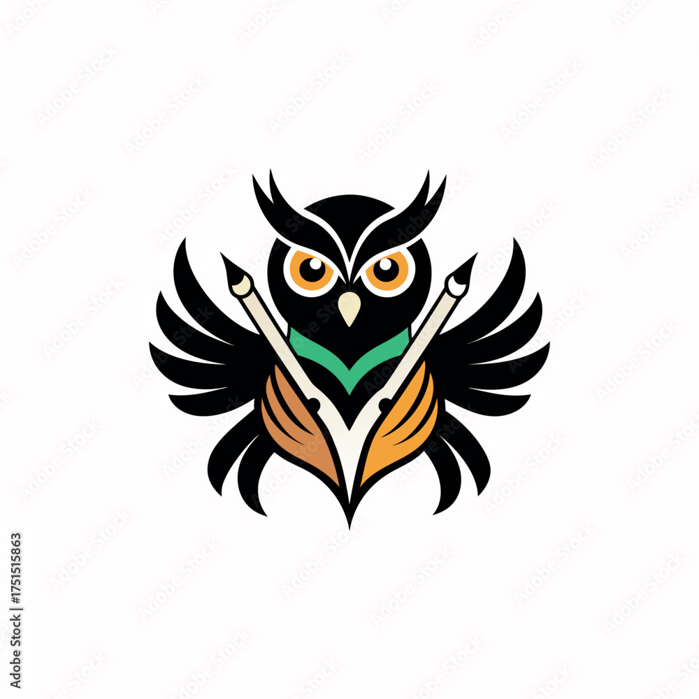Fototapeta premium Artistic owl holding paintbrushes logo design