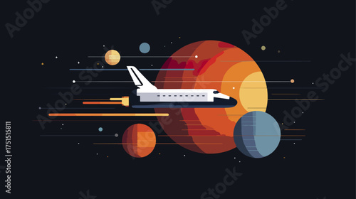 Space shuttle in space with planets and stars illustration