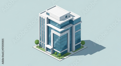 Isometric illustration of a modern office building with glass windows and a flat roof, surrounded by trees