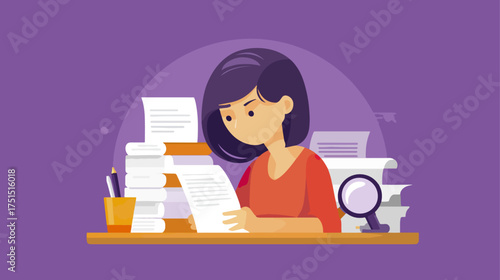 Woman reviewing documents illustration