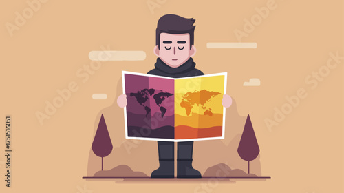 Man holding world map illustration vector graphic for travel and navigation concepts